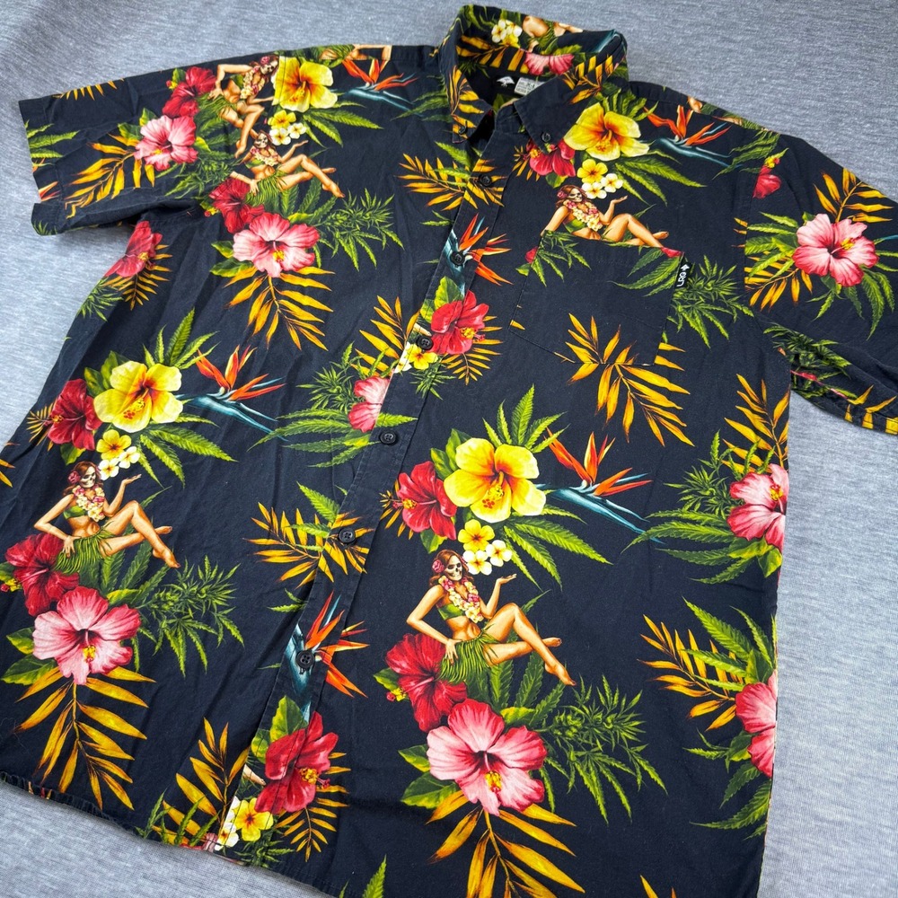 LRG Button Up Hawaiian Shirt Skull Hula Girl Tropical‎ Floral Mens Button Down